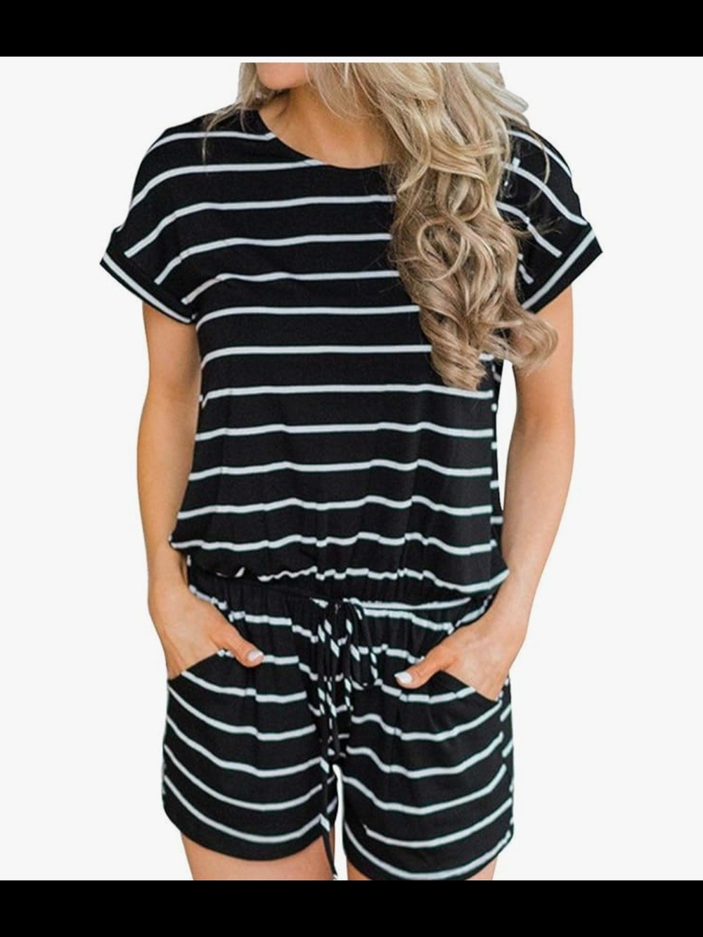 Anrabess Black & White Striped Short Sleeve Romper
